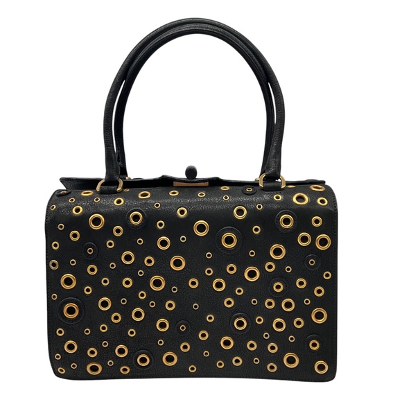 PRADA BLACK / GOLD GROMMET EMBELLISHED LOGO PLAQUE GRAINED LEATHER HANDBAG - Picture 3 of 13